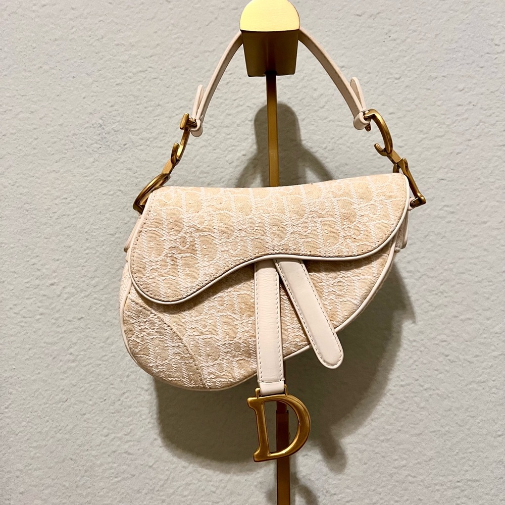 Mini Dior Saddle Bag, Beige Canvas with Gold Accents